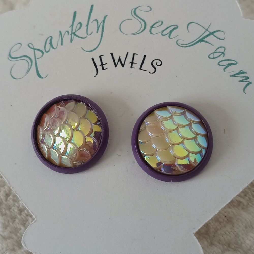 Mermaid Stud Earrings Druzy Geode Sparkly Purple Black Whimsigoth Raw Iridescent - Picture 3 of 7